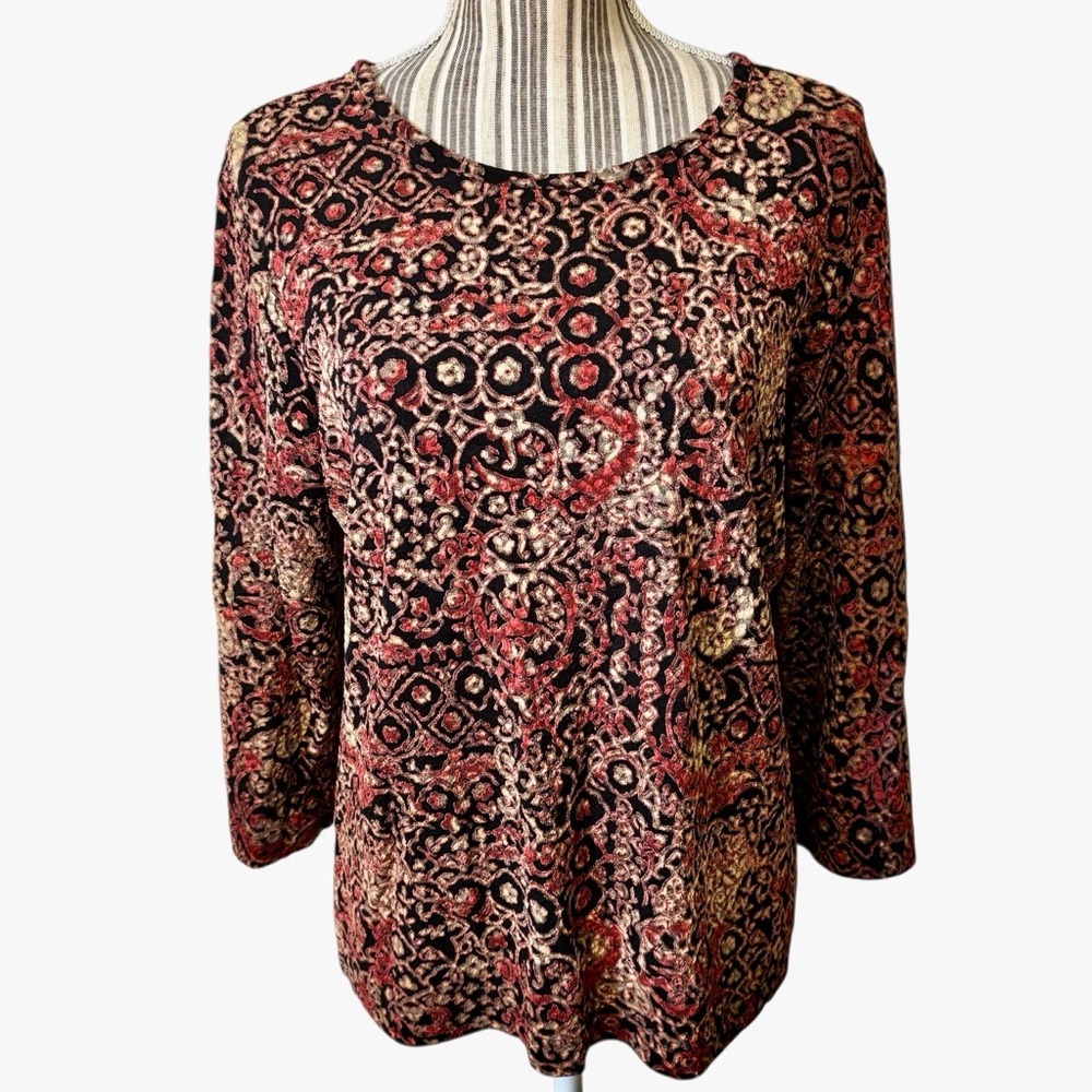 Koret Top Large Red Orange Black Artistic Patterned Blouse 3/4 Sleeves Rayon